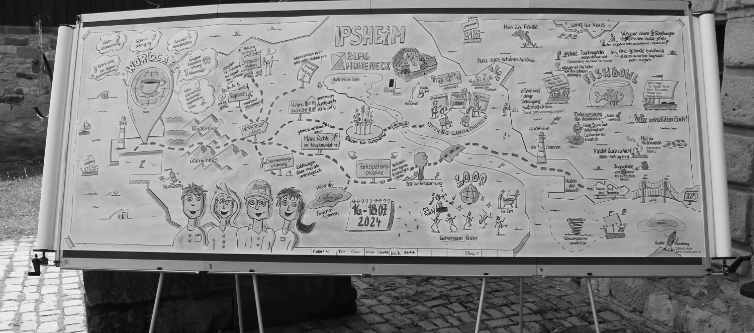 Zu sehen ist das 4 Meter lange Graphic Recording. Auf dem langen Papier wurde zeichnerich der gesamte Tagungsverlauf dokumentiert. 