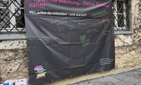 Zu sehen ist ein schwarzes PVC Plakat, auf dem Themen und Wünsche junger Menschen aus stationären Einrichtungen geschrieben stehen, bei denen sie sich mehr Beteiligung wünschen.