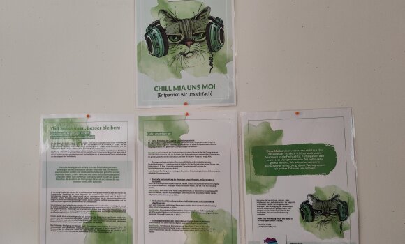 Zu sehen ist eine weiße Stellwand, auf der das veröffentlichte Schreiben "Empfelungen zum Neueienzug des LHR" angeheftet wurde. 