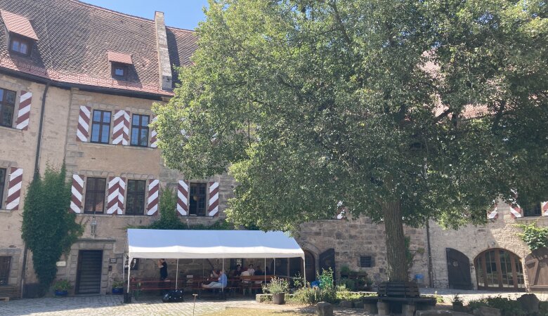 Zu sehen ist der burghof der Burg Hoheneck mit einem großen Alten Baum in der Mitte.