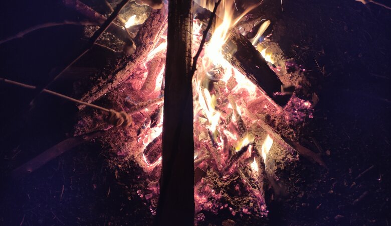 Zu sehen ist ein Lagerfeuer, über dem Stockbrot und Marshmallows gegrillt werden. 