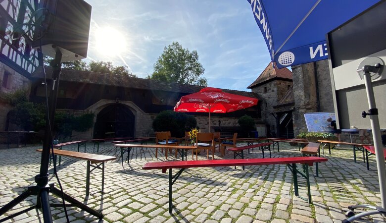 Zu sehen sind die im Kreis aufgestellten Bierbänke in Vorbereitung auf den Austausch von jungen menschen und Fachleuten.