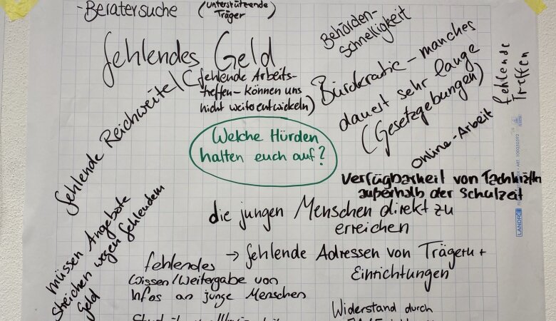 Zu sehen ist ein Flipchartpapier mit der Frage "Welche Hürden halten euch auf?". Drumherum wurden stichpunktartig die Antworten der einzelnen Interessensvertretungen notiert.